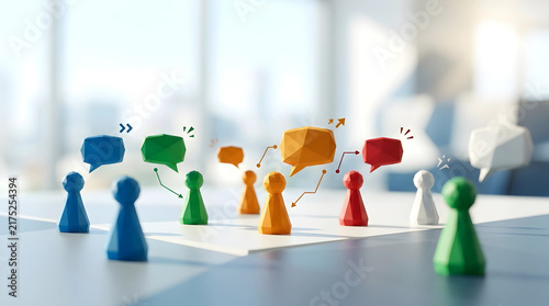 Professional teamwork discussion and customer feedback concept using colorful low-poly game pieces with speech bubbles to illustrate communication, social interaction, and strategic brainstorming.