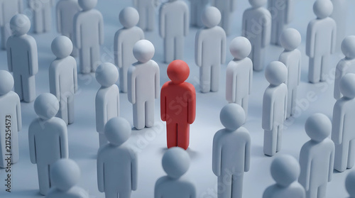 Red 3D human figure standing out among identical white figures in a crowd, representing a unique leadership concept and individuality.