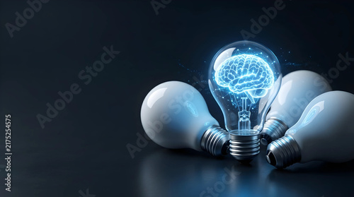 A glowing digital brain inside a light bulb represents an artificial intelligence breakthrough, a creative idea, and unique tech innovation for futuristic machine learning and human logic.