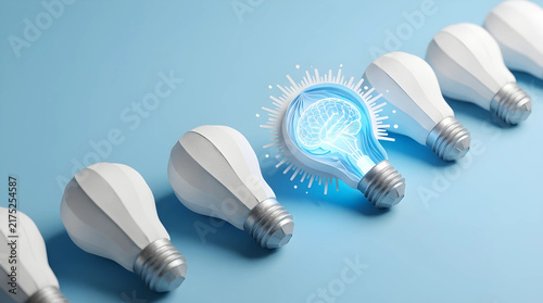 A glowing bulb featuring a human brain illustrates an artificial intelligence breakthrough, symbolizing a creative idea and unique tech innovation amidst a row of standard white light bulbs.