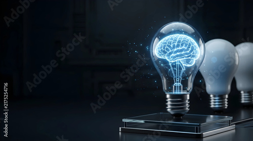 Futuristic glowing digital brain inside a lightbulb representing an artificial intelligence breakthrough, creative thinking, and a unique tech innovation for the modern digital era concept.