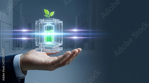 Futuristic concept of sustainable green energy featuring a glowing eco-friendly battery and leaves inside a glass cube held by a hand.