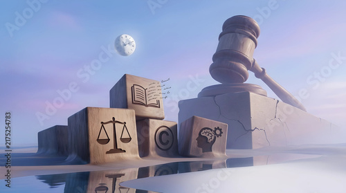 Conceptual 3D illustration of copyright document and justice symbols with wooden blocks, a judge gavel, and a clock representing intellectual property law and legal protection.