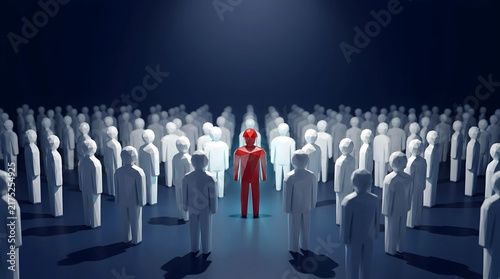 Red low poly figure stands out in a white crowd under spotlight, illustrating leadership concept and unique personality in business
