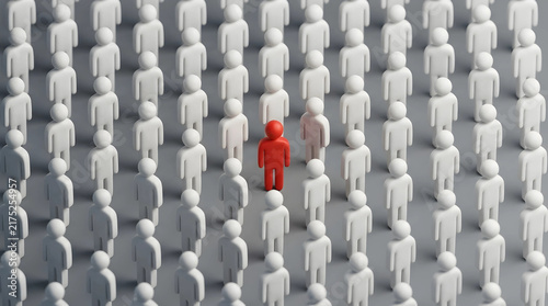 Unique red figure standing out among white crowd icons representing a bold leadership concept and individual success in business.