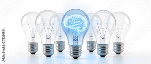 Advanced artificial intelligence breakthrough featuring a glowing digital brain inside a lightbulb, representing a unique tech innovation and creative idea standing out from the crowd.