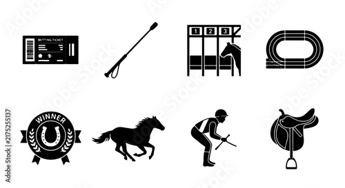 Equestrian Horse Racing Icons Set, Vector Graphics for Sports and Competition Themes, Featuring Jockeys, Saddles, and Track Elements