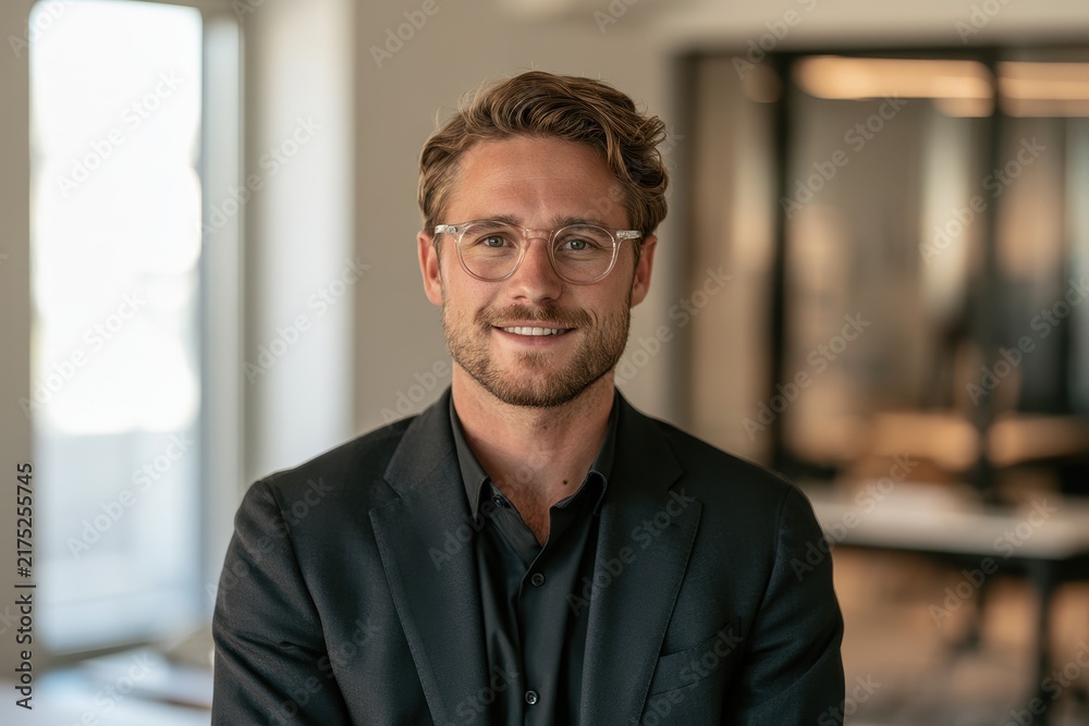 Obraz premium Headshot portrait of a smiling young professional in a modern office