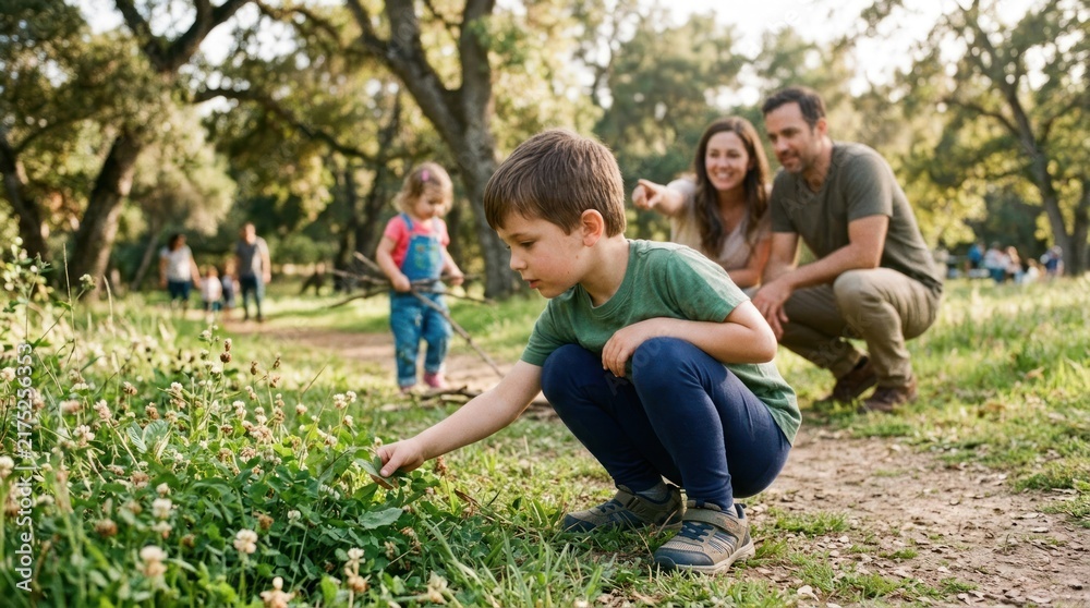 Fototapeta premium A family enjoying a picnic in a lush green park with a young boy picking flowers, a girl in a dress, and a man and woman in the background.