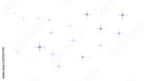 Collection of small glowing blue and white star shaped sparkles scattered on a white background, for festive decorations