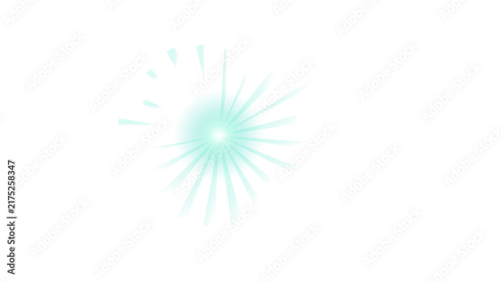 Fototapeta premium Cyan sunburst with radiating light rays and a glowing central sphere on a white background, for visual effects