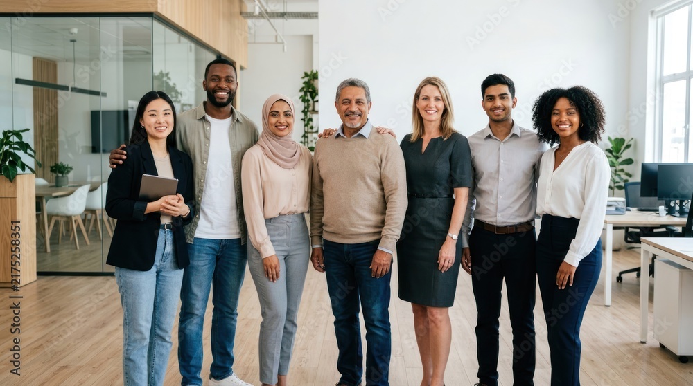 Fototapeta premium A diverse group of people standing in an office setting, dressed in business attire.