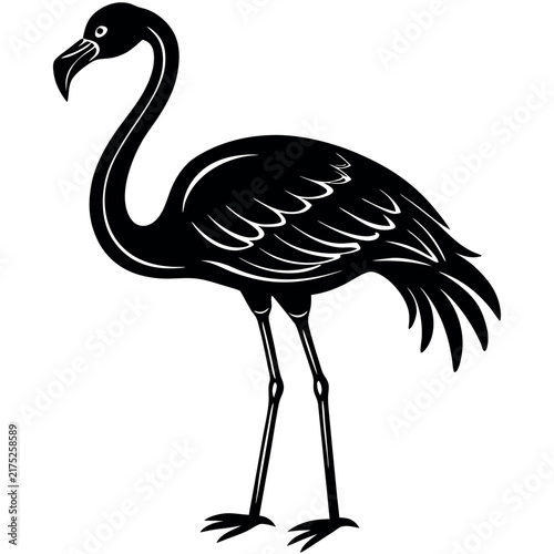 A standing flamingo silhouette on white background 