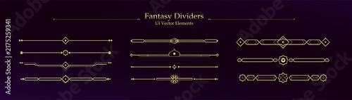 Fantasy dividers vector asset set with golden gradient and metallic effect for mobile RPG game user interface UI design with elegant thin decorative line breaks and borders on dark background