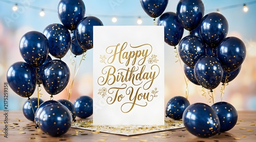 A beautiful arrangement of dark blue balloons elegantly frames a birthday card featuring exquisite golden calligraphy for a joyous special occasion