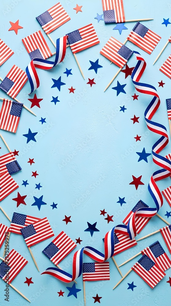 Fototapeta premium Patriotic border pattern of American flags and stars on blue background.