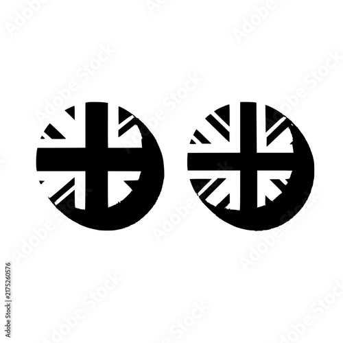 Union Jack flags set with square and circular designs featuring black and white minimalist vector illustration with high contrast and symmetry