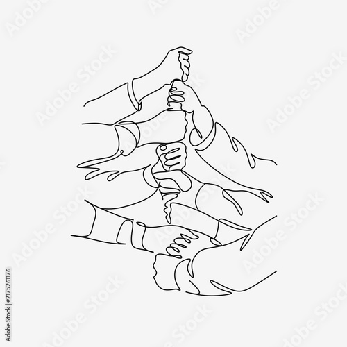 Team Fists Together, Strength and Solidarity, Minimalist Line Art Drawing