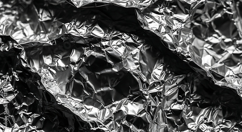 Abstract silver aluminum foil texture with metallic crinkled surface and reflective light