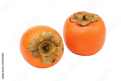 Fresh persimmon fruits pair isolated PNG, two ripe orange persimmons with calyx on transparent background, autumn harvest food
