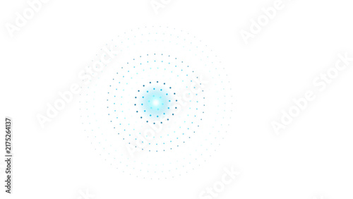 Blue circular geometric pattern with glowing light center and concentric dotted rings on a black background, for digital technology
