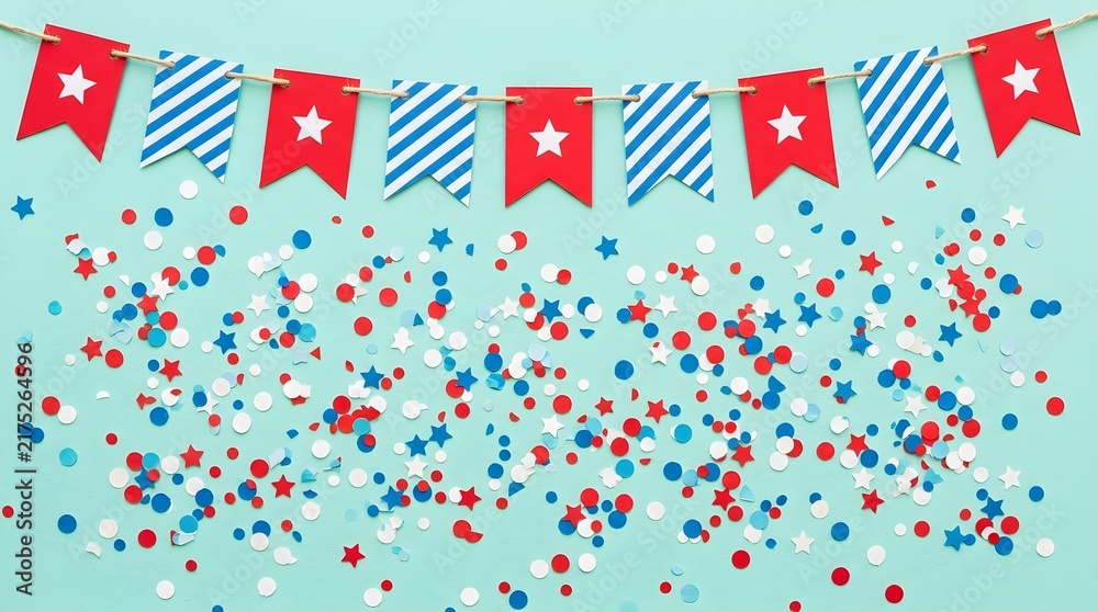Fototapeta premium Festive patriotic bunting with stars and stripes combined with vibrant colorful confetti falling down on a light turquoise backdrop for a holiday