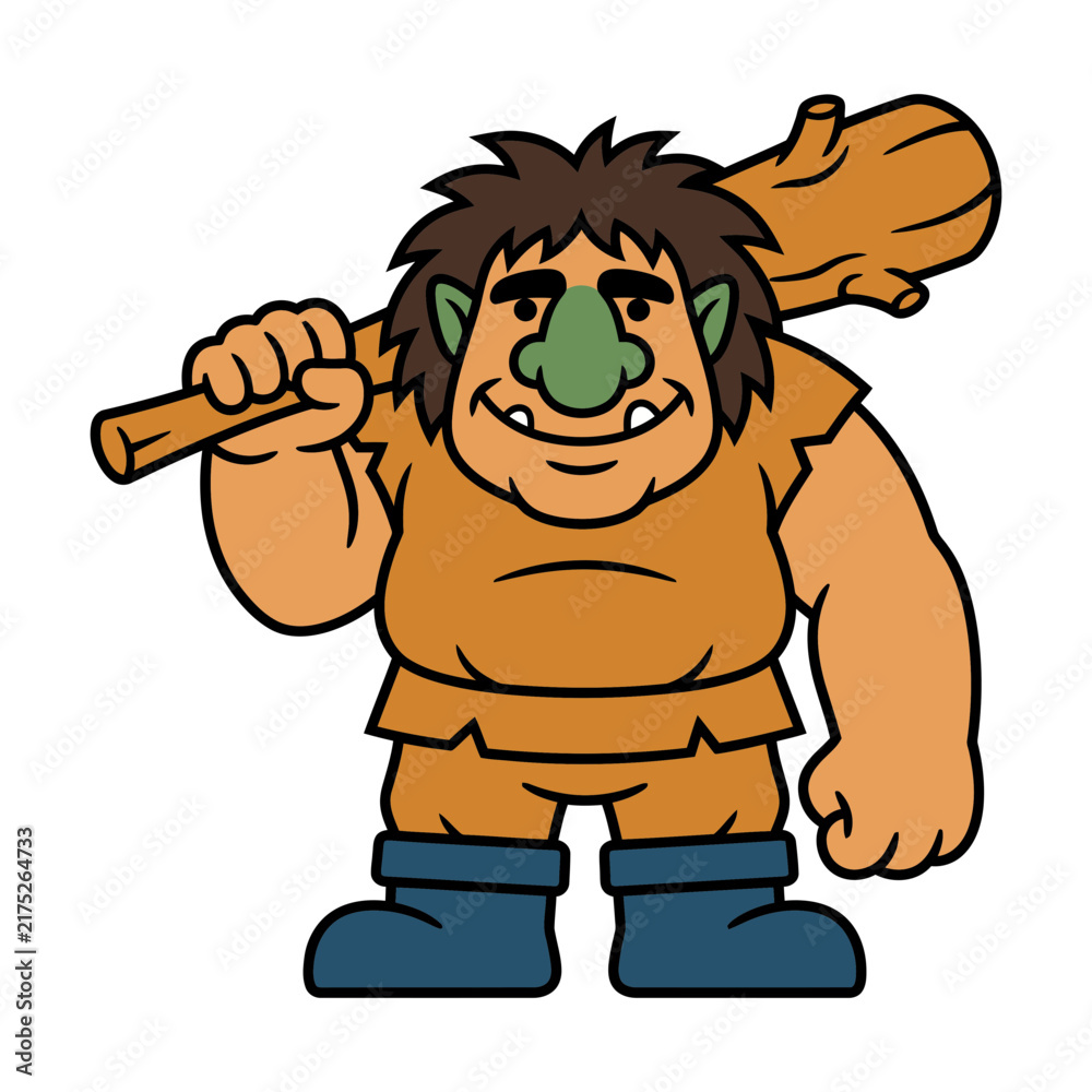 Obraz premium Friendly green caveman troll holding a large wooden club wearing rustic clothing with green creature cartoon character primitive man funny monster stone age fairy tale