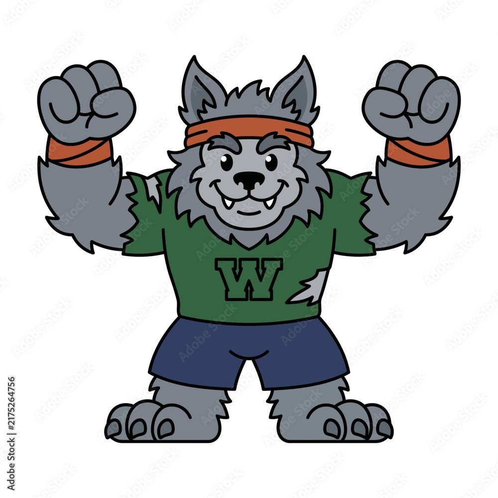 Obraz premium Strong athletic grey wolf mascot character flexing muscles wearing sportswear vector design with cartoon animal vector illustration sports team orange headband green shirt