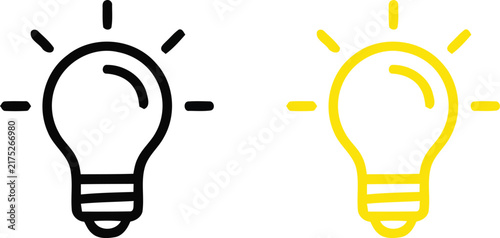 A side by side comparison of two minimalist light bulb icons, one colored in solid black and one in bright yellow