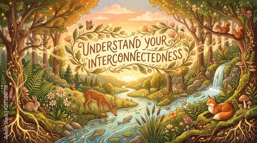 Enchanting Forest Scene Illustrating Interconnectedness of Nature and Animals with Uplifting Message