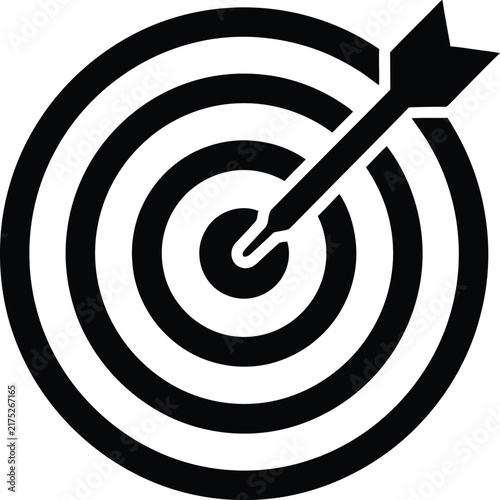 A stark black and white icon featuring a target with a single arrow perfectly embedded in the center bullseye point