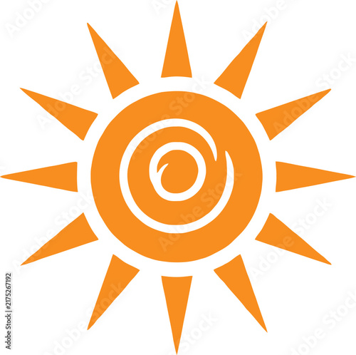 A vibrant and minimalist orange sun icon featuring sharp triangular rays and a stylized circular swirl in the center design element