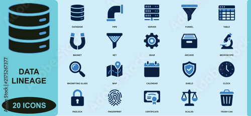 фотографія Set of twenty blue data lineage featuring databases, servers, funnels, and secur