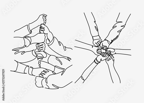 Team Fists Together, Strength and Solidarity for Teamwork and Community Line Art Drawing