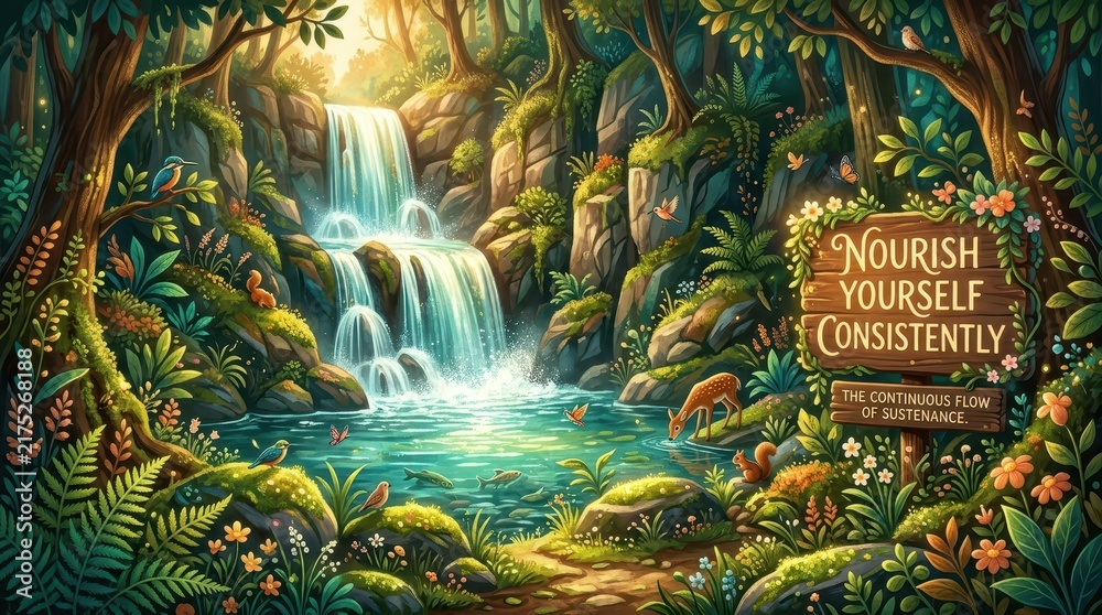 Obraz premium Enchanting Forest Waterfall Scene with 'Nourish Yourself Consistently' Sign and Wildlife