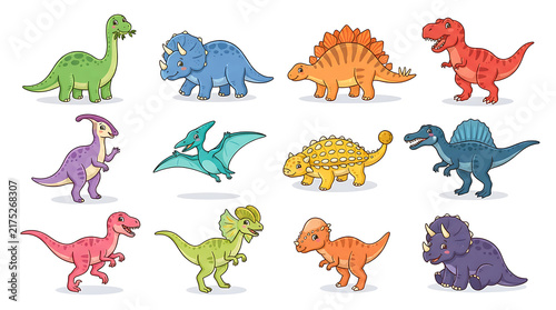 Colorful cartoon dinosaurs walking in a line