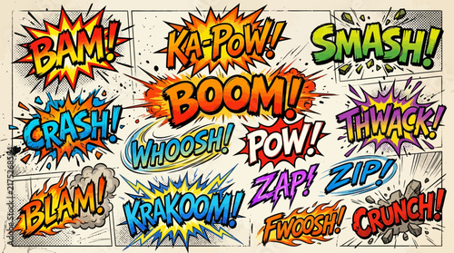 Obraz na płótnie A vibrant collection of comic book sound effect exclamations like BAM, BOOM, SMASH, and CRASH, rendered in dynamic, explosive, and colorful typography