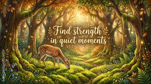 Enchanting forest scene with a gentle fawn, magical lights, and inspirational text 'Find strength in quiet moments'.