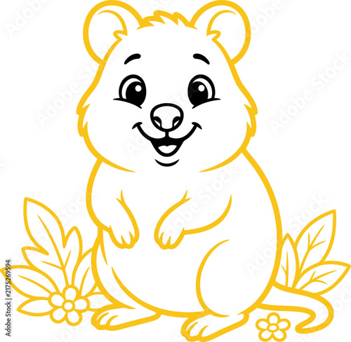 PrintMinimalist Cartoon Baby Quokka Outline Character: Happy Wild Animal Mascot in Botanical Foliage for Kindergarten Flashcards, Activity Sheets, and Coloring Pages
