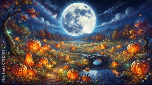 Enchanted autumn landscape with a full moon, glowing pumpkins, a small stone bridge over a stream, and colorful fall trees in a magical forest