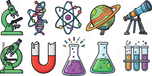 Colorful cartoon science icon set representing various scientific fields with a microscope, atom, DNA, planet, telescope, magnet, beaker, flask, and test tubes on white Background