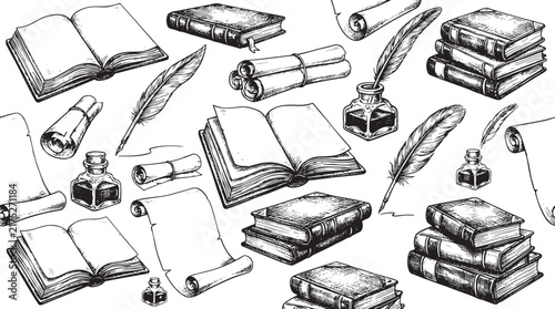 Hand-drawn vintage of open and closed books, stacked books, rolled parchment scrolls, inkwells, and feather quill pens on a white background, also transparent background