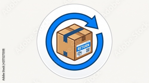 Return policy icon featuring a cardboard parcel box with a blue shipping label inside a circular rotating arrow for e-commerce logistics and customer satisfaction service in a flat vector design style