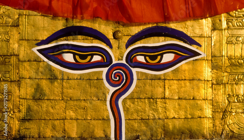 Obraz na plátně Die aufgemalten Augen Buddhas auf der Stupa Swayambhunathts,  buddhistischer Tem