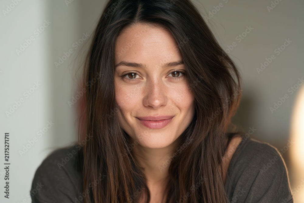 Obraz premium Casual portrait of a young brunette woman with a friendly, relaxed smile