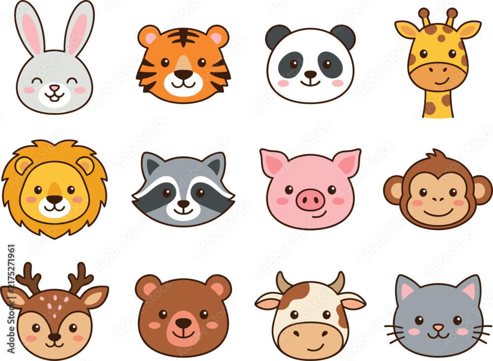 Fototapeta premium Cute Animal Face Icons Vector Set Featuring Smiling Rabbit Tiger Panda Giraffe Lion Raccoon Pig Monkey Deer Bear Cow and Cat Avatar Characters for Children Graphic Designs