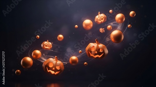 Glowing orange jack-o-lantern pumpkins and floating golden spheres in a dark mysterious atmosphere with swirling smoke and light effects