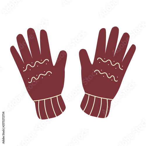 Hand Drawn Burgundy Winter Gloves Illustration, Warm Knitted Autumn and Cold Weather Accessories Isolated on White Background