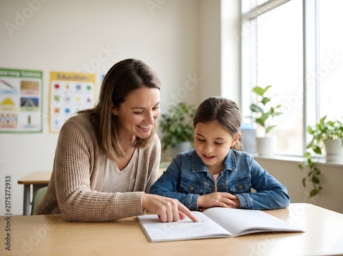 A woman and a young girl reading a book together at a table