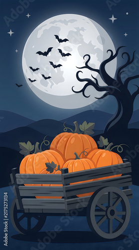 Halloween pumpkins in a wooden cart under a full moon